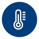 Rund blå cirkel med hvidt ikon forestillende et termometer
